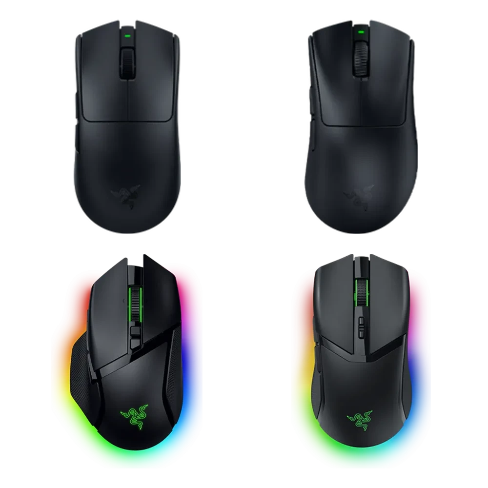 Vier Razer-muizen van bovenaf: Viper V4 Pro, DeathAdder V4 Pro, Basilisk V3 Pro 35K en Cobra Pro