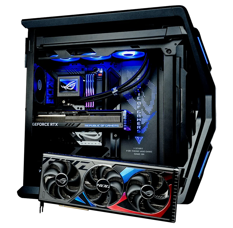 Custom ROG gaming PC build met RTX GPU en RGB verlichting