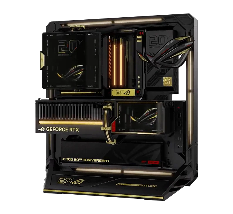 ROG 20th Anniversary custom gaming PC build met RTX GPU en gouden accenten