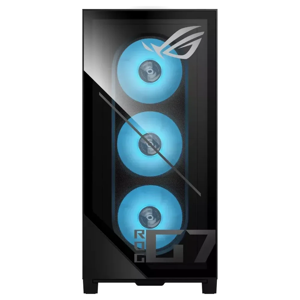 ASUS ROG G700 gaming-desktop met glazen front en drie verlichte ventilatoren