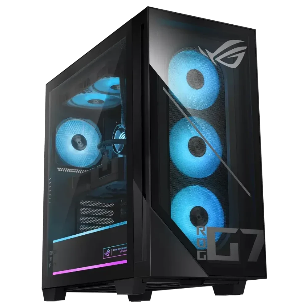 ASUS ROG GM700 gaming-desktop met glazen front en zijpaneel en zichtbare vloeistofkoeling