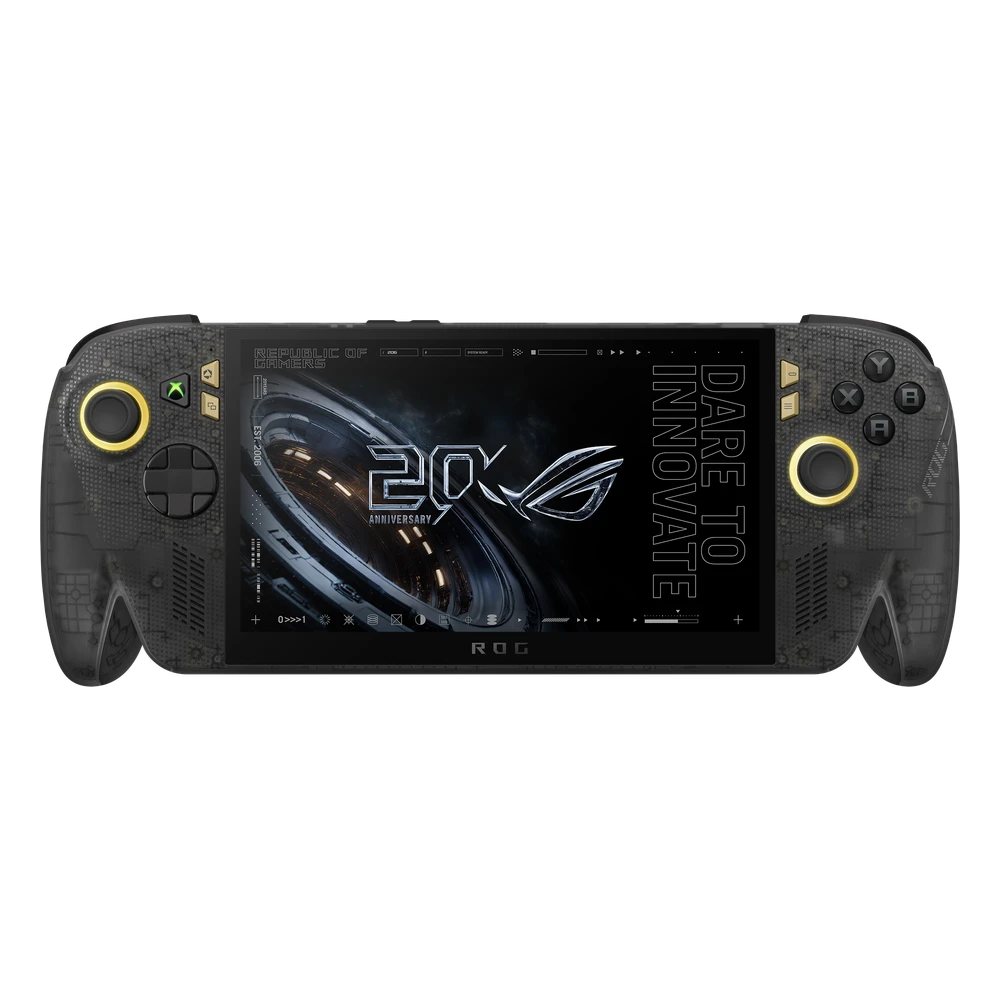ASUS ROG Xbox Ally X20, doorzichtige zwarte handheld met gouden accenten, vooraanzicht