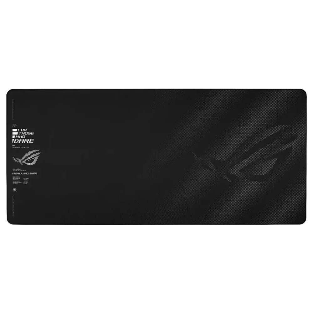 ROG Sheath II XXL muismat van bovenaf, zwart met ROG-logo rechts en For Those Who Dare-opdruk links