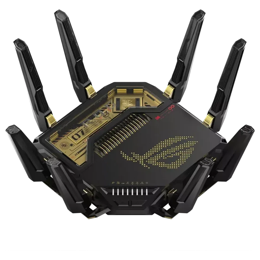 ROG Rapture GT-BE98 Edition 20 van bovenaf, zwarte router met gouden accenten en gouden ROG-logo