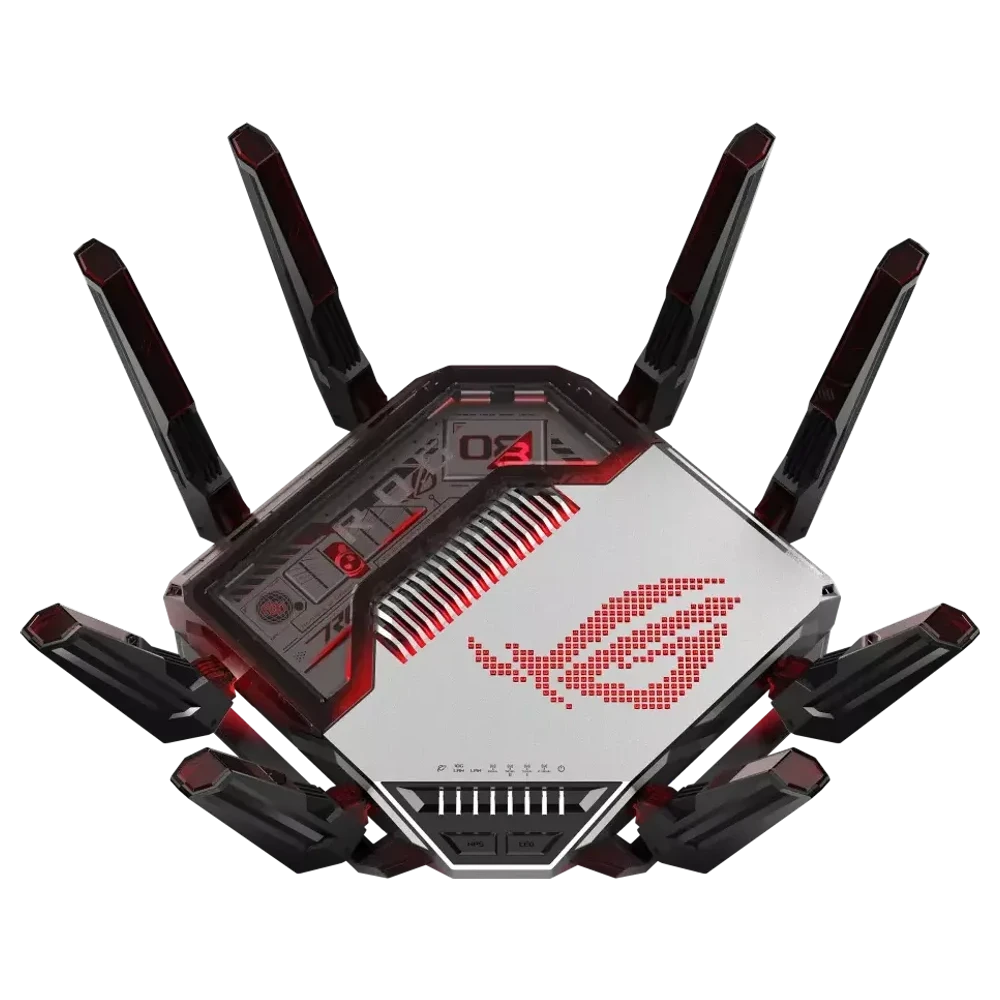 ROG Rapture GT-BN98 router van bovenaf met acht uitgeklapte antennes en verlicht ROG-logo