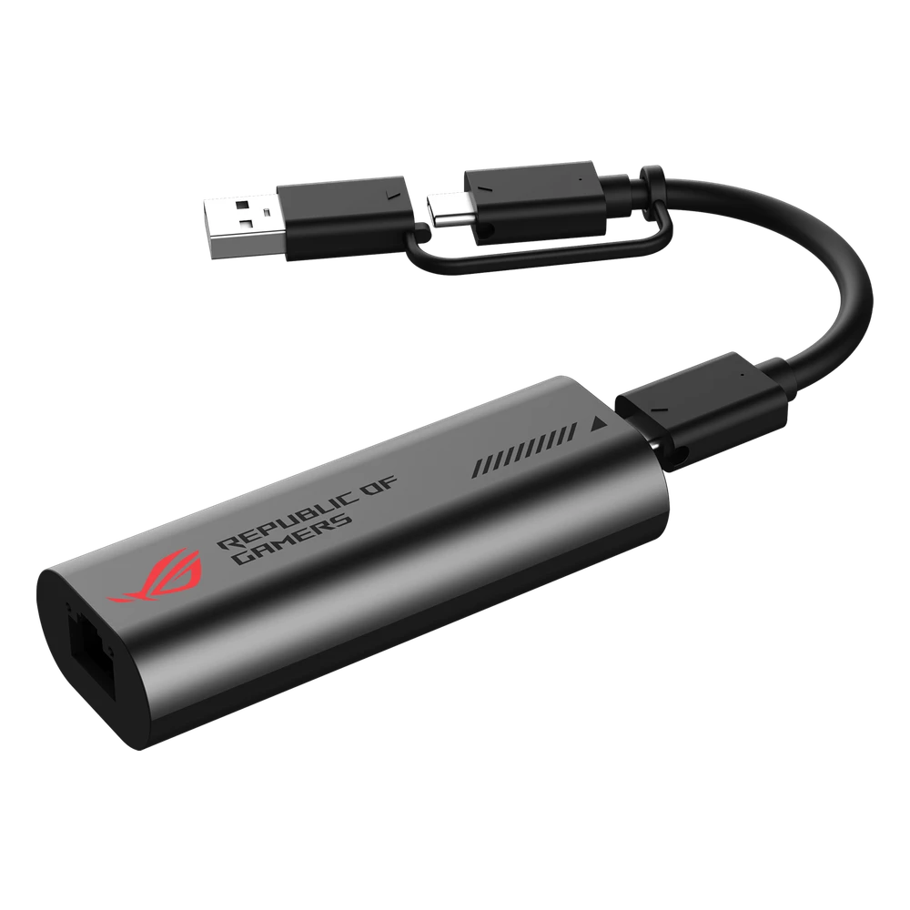 ASUS ROG USB-C10G 10 Gbit-ethernetadapter met USB-C-kabel en USB-A-verloopstuk