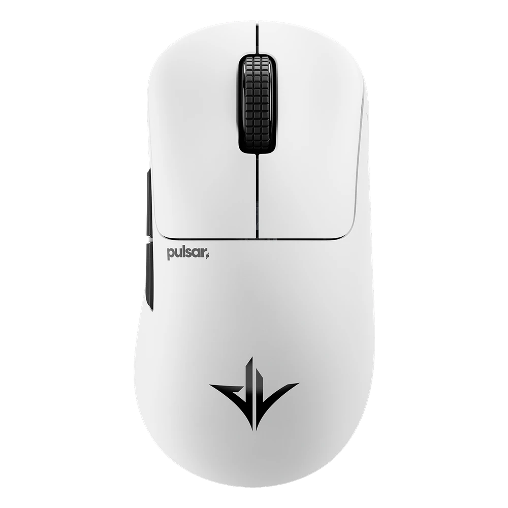 Pulsar Pro Series JV-X Medium draadloze muis in wit met logo, bovenaanzicht