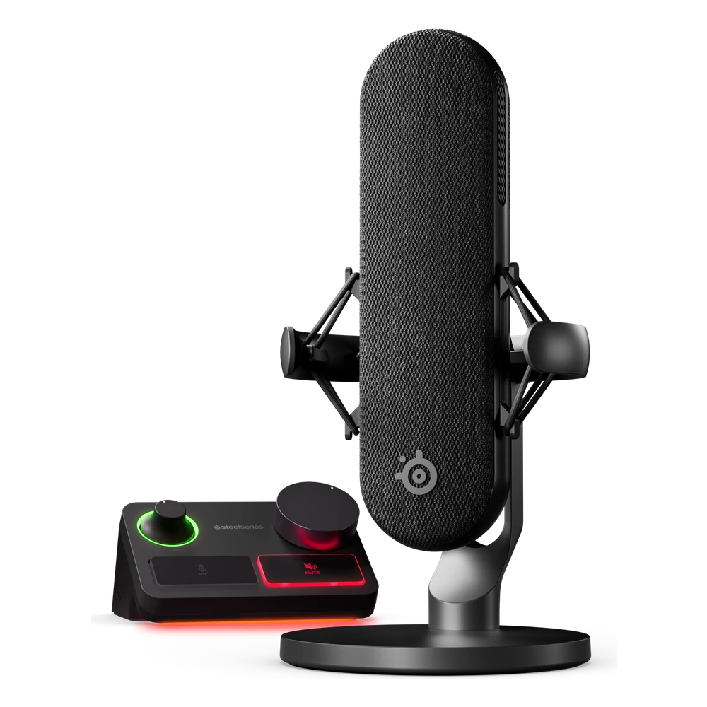 SteelSeries Alias Pro XLR-microfoon op de standaard met de stream mixer ernaast
